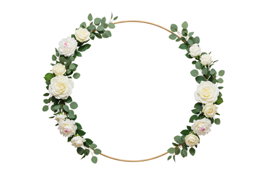 Circular floral wedding arch with delicate pink roses isolated on transparent background