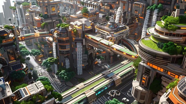Hyper-detailed futuristic city center with levitating monorails, AI-policed streets, smart solar arrays on rooftops, and green towers with waterfall facades. - Powered by Adobe