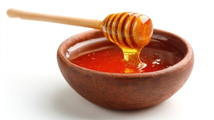 Fototapeta premium Honey pot and dipper on white background.