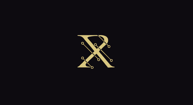 Elegant gold monogram design of the letters X and R, intertwined with decorative elements.