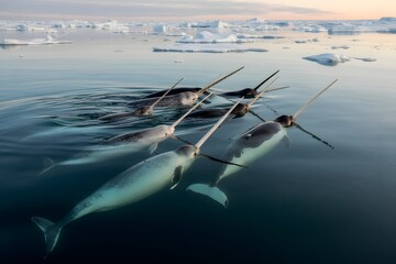 Pod of narwhals swimming in icy arctic waters at sunset