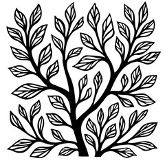 Decorative Tree Silhouette Design with Ornate Leaves for Wallpaper Patterns and Artistic Black and White Elements