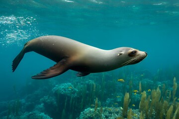 A playful sea lion swims gracefully underwater in clear blue ocean water