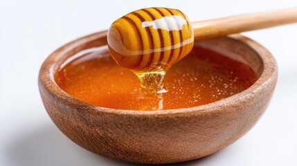 Honey pot and dipper on white background.