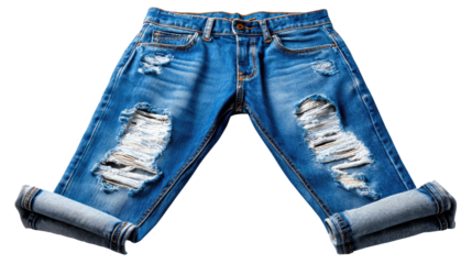 Stylish Denim Jeans: A close-up shot showcasing a stylish pair of distressed denim jeans with rolled-up cuffs, revealing the intricate details of the fabric and the trendy, casual aesthetic.