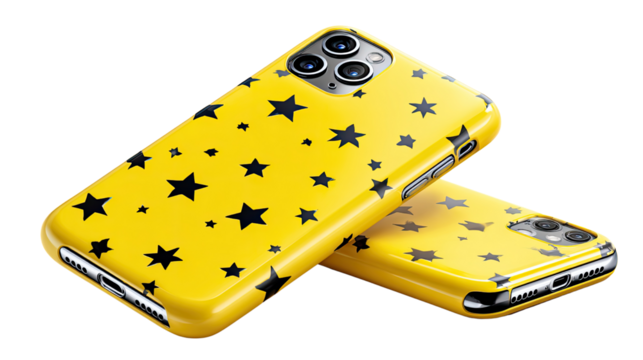 Starry Phone Cases: Two sleek, modern phone cases in vibrant yellow, adorned with a playful star pattern. The phone cases lay atop each other, casting light on the phone design.