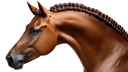 Majestic Horse Profile: A regal horse with a braided mane, its elegant profile capturing strength and beauty against a blurred backdrop, evoking feelings of grace and power.