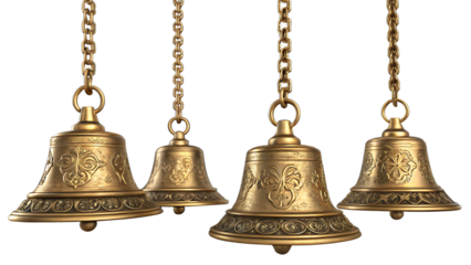 Four Golden Bells Hanging from Chains Against On Transparent Background 