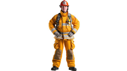 Fototapeta premium Firefighter in full gear: A brave firefighter stands ready in full gear, embodying courage and readiness, with a focused gaze and resilient spirit in an important job.