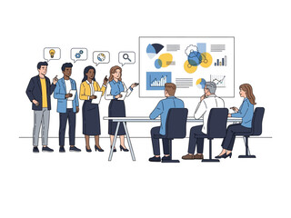 Business Presentation: A group of professionals engage in a dynamic presentation, collaborating and sharing insights with engaging graphics and charts. This image depicts a business team's meeting.
