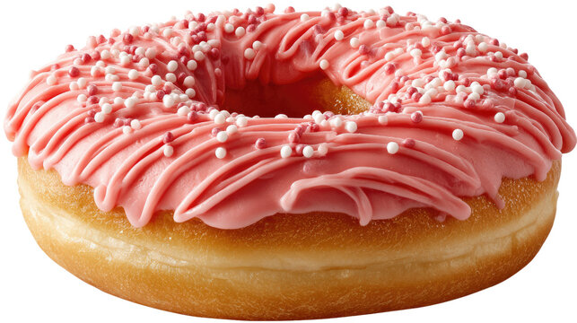 Delectable Donut Delight: A close-up image showcases a glazed donut adorned with pink icing, creating a tempting treat perfect for advertising bakery products or portraying sweet indulgence.