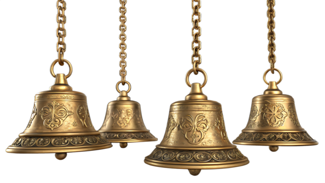 Four Golden Bells Hanging from Chains Against On Transparent Background 