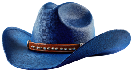 Western Chic: A detailed shot of a blue cowboy hat, a symbol of adventure, the American West, and the allure of the open road, with a close-up on the leather band and its metallic studs. 
