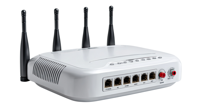 Wireless Router: A modern wireless router with multiple antennas, designed to provide seamless connectivity in a stylish and technological look.
