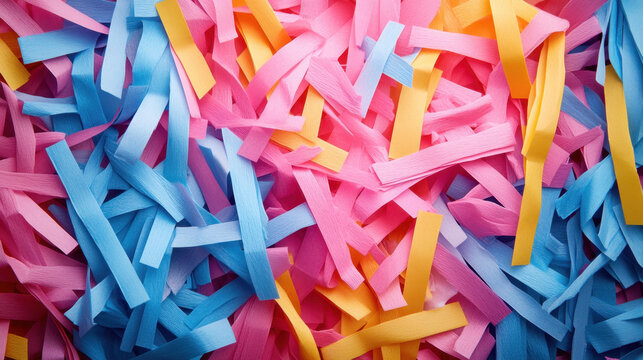 Colorful shredded paper in pink, blue, and yellow creates vibrant and festive background, perfect for celebrations or creative projects. texture adds playful and dynamic feel