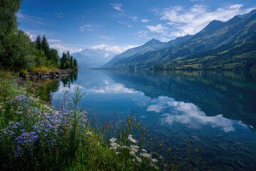 Serene alpine lake reflecting a vibrant sky