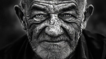 Close-up black and white portrait of an aged man.