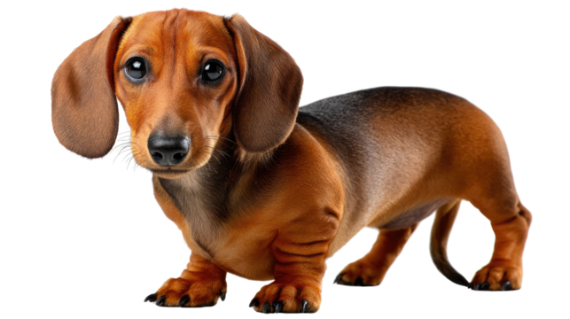Dachshund Standing: An adorable dachshund stands proudly, its expressive eyes, long body, and short legs showcasing the breed's unique charm and characteristic build.