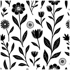 Elegant floral seamless pattern featuring hand drawn flowers and plants in black and white botanical design