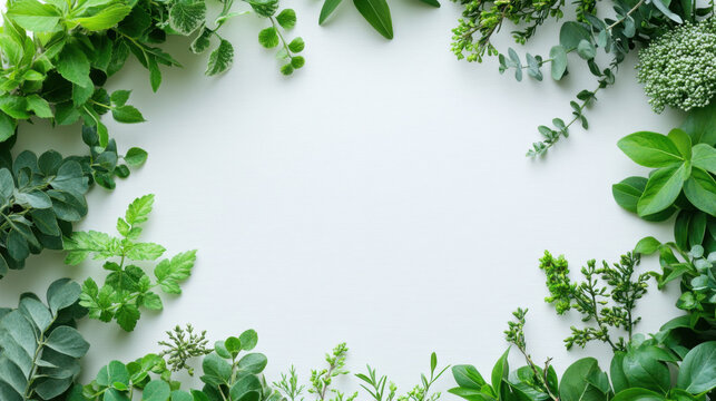Fototapeta Variety of fresh green herbs and leaves are arranged in border on light background, creating natural and vibrant frame. composition is ideal for culinary or botanical themes