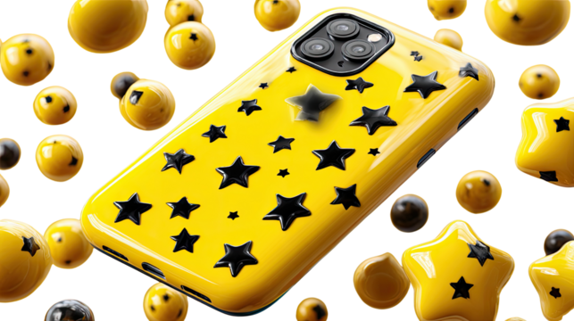 Starry Phone Case: A bright yellow phone case with black stars design is surrounded by scattered yellow star-shaped objects, creating a visually appealing and modern composition.