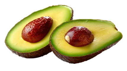 Fresh Avocado: Two halves of a ripe avocado, revealing the rich green flesh and a smooth brown pit, sit side-by-side, ready for culinary adventures and health-conscious living.