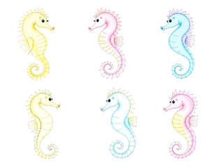 Fototapeta premium Watercolor illustration featuring a seamless pattern of colorful seahorses on a light cream background