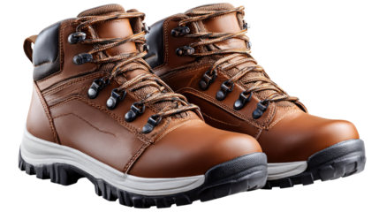 Durable Leather Boots: A pair of sturdy, brown leather boots, designed for rugged outdoor activities, showcasing their robust construction and meticulous craftsmanship.