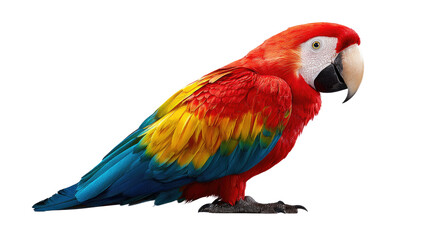 Fototapeta premium Scarlet Macaw's Vibrant Presence: A stunning Scarlet Macaw, with its striking red, blue, and yellow plumage, poses, exuding a captivating display of exotic elegance.