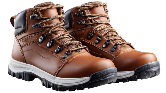 Durable Leather Boots: A pair of sturdy, brown leather boots, designed for rugged outdoor activities, showcasing their robust construction and meticulous craftsmanship. - Powered by Adobe