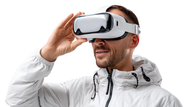Virtual Reality Experience: A person wearing a virtual reality headset, engaging with immersive technology. - Powered by Adobe