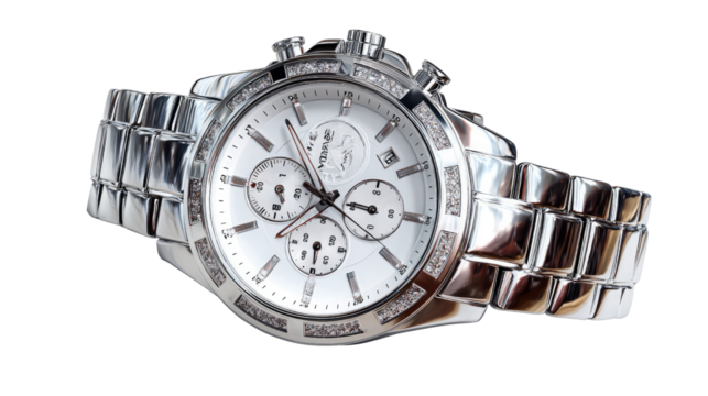 Luxury Timepiece: A close-up shot showcases a shiny, high-end wristwatch. It's a symbol of precision and style, with a meticulously crafted dial and gleaming metallic band.