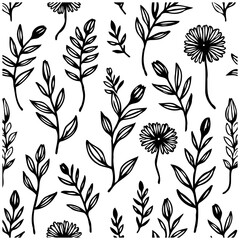 Fototapeta premium Elegant botanical vector pattern with hand drawn flowers and leaves creates a timeless background illustration