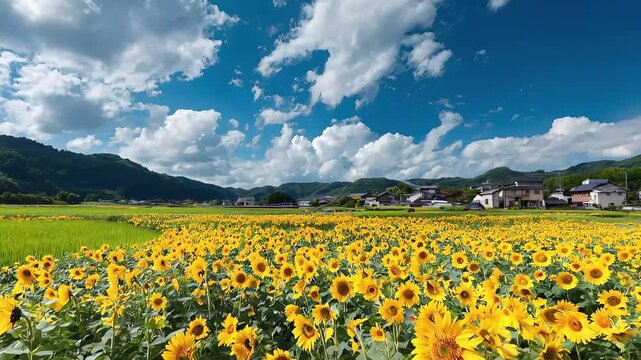 Vast field of blooming sunflowers under a vibrant blue summer sky with scattered white clouds and distant mountains - Powered by Adobe