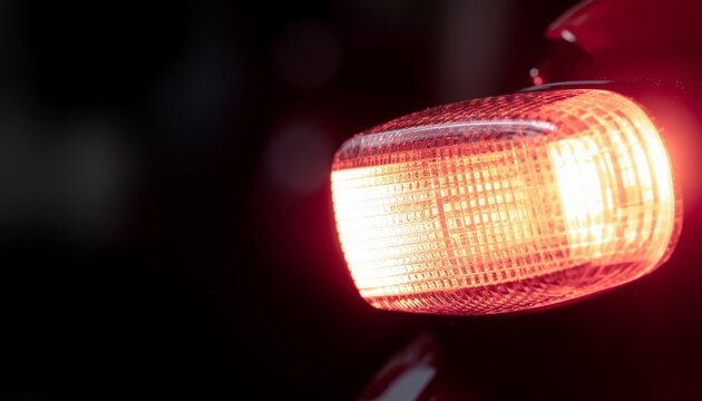 Close up of a bright orange motorcycle turn signal light illuminated in the dark.