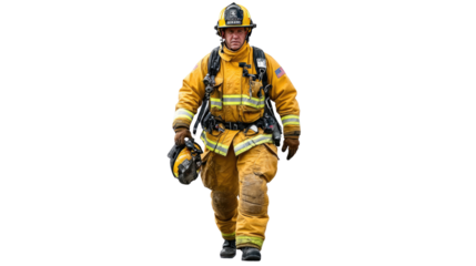 Courageous Firefighter in Action: A valiant firefighter, fully equipped, strides forward, embodying dedication and bravery in the face of danger. Ready to serve and protect.
