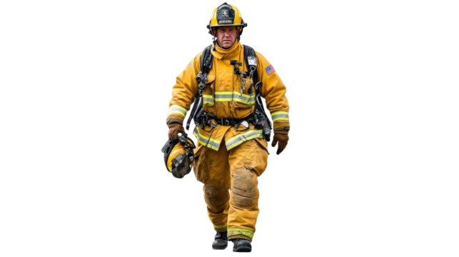 Courageous Firefighter in Action: A valiant firefighter, fully equipped, strides forward, embodying dedication and bravery in the face of danger. Ready to serve and protect.