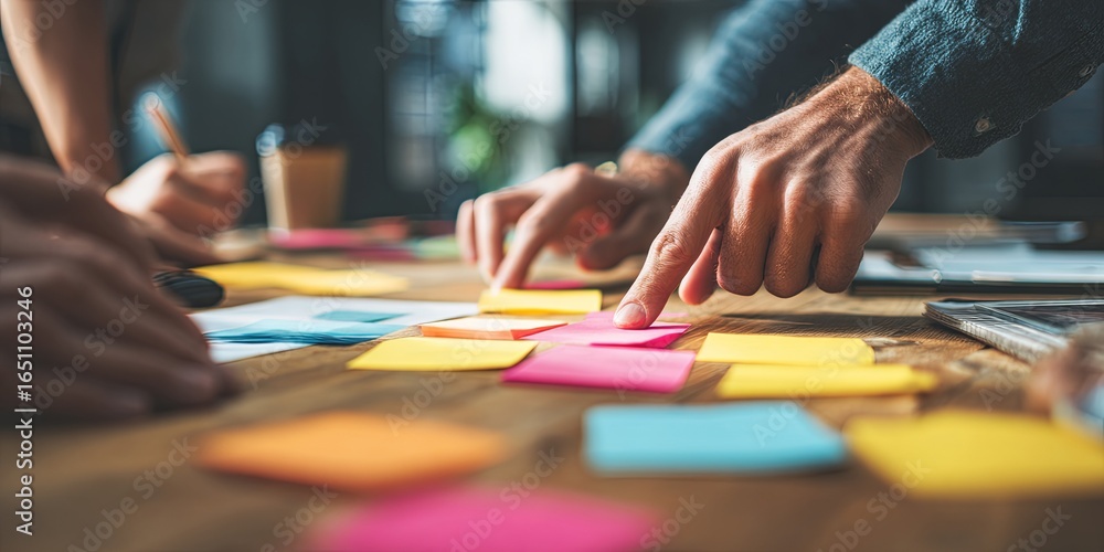 Poster collaborative brainstorming session with hands pointing at colorful sticky notes and documents on a 