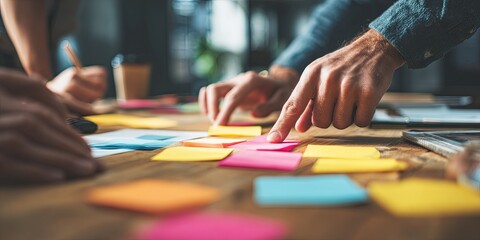 Collaborative brainstorming session with hands pointing at colorful sticky notes and documents on a wooden table in a modern workspace