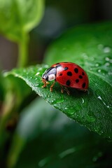 Fototapeta premium A red ladybug with distinct black spots walking across a vibrant green leaf, captured in a detailed macro shot
