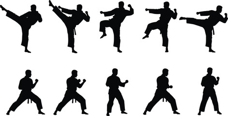Silhouettes of martial artist in various poses, karate kicks, fighting stances, self-defense moves, black vector illustration, combat technique, training action sequence.