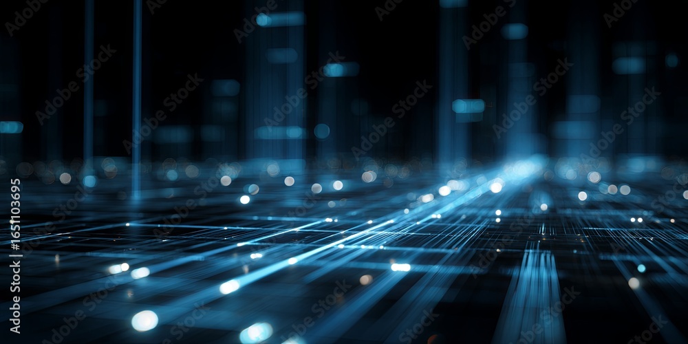 Poster stunning visual representation of digital data flow with bright blue light rays in a cyber environme