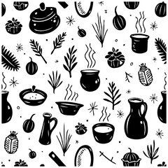 Whimsical kitchen pattern features charming illustrations of pots bowls plants and other culinary elements creating inviting atmosphere
