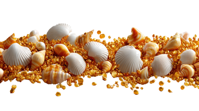 Seashells on Sand: A collection of delicate seashells scattered across a bed of golden sand. capturing the beauty and tranquility of the sea.