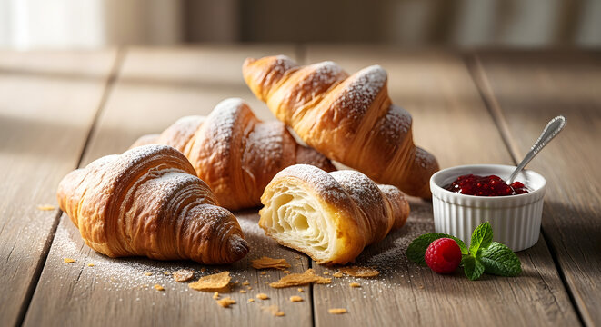 Delicious golden croissants sprinkled with powdered sugar on a rustic wooden table with raspberry jam, perfect for a classic French breakfast.