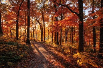 Obraz premium Sunlight streams through autumn forest path