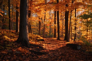 Fototapeta premium Autumn forest path bathed in sunlight