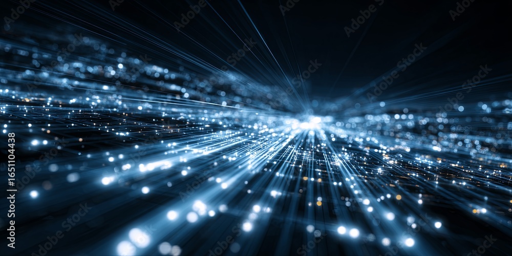 Poster stunning visual representation of digital data flow with bright blue light rays in a cyber environme