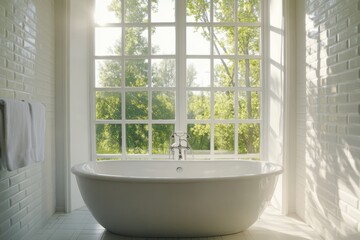 Fototapeta premium Bright bathroom with freestanding bathtub and large grid window view