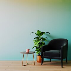 Fototapeta premium Serene Teal Room: Black Velvet Chair, Plant, Side Table